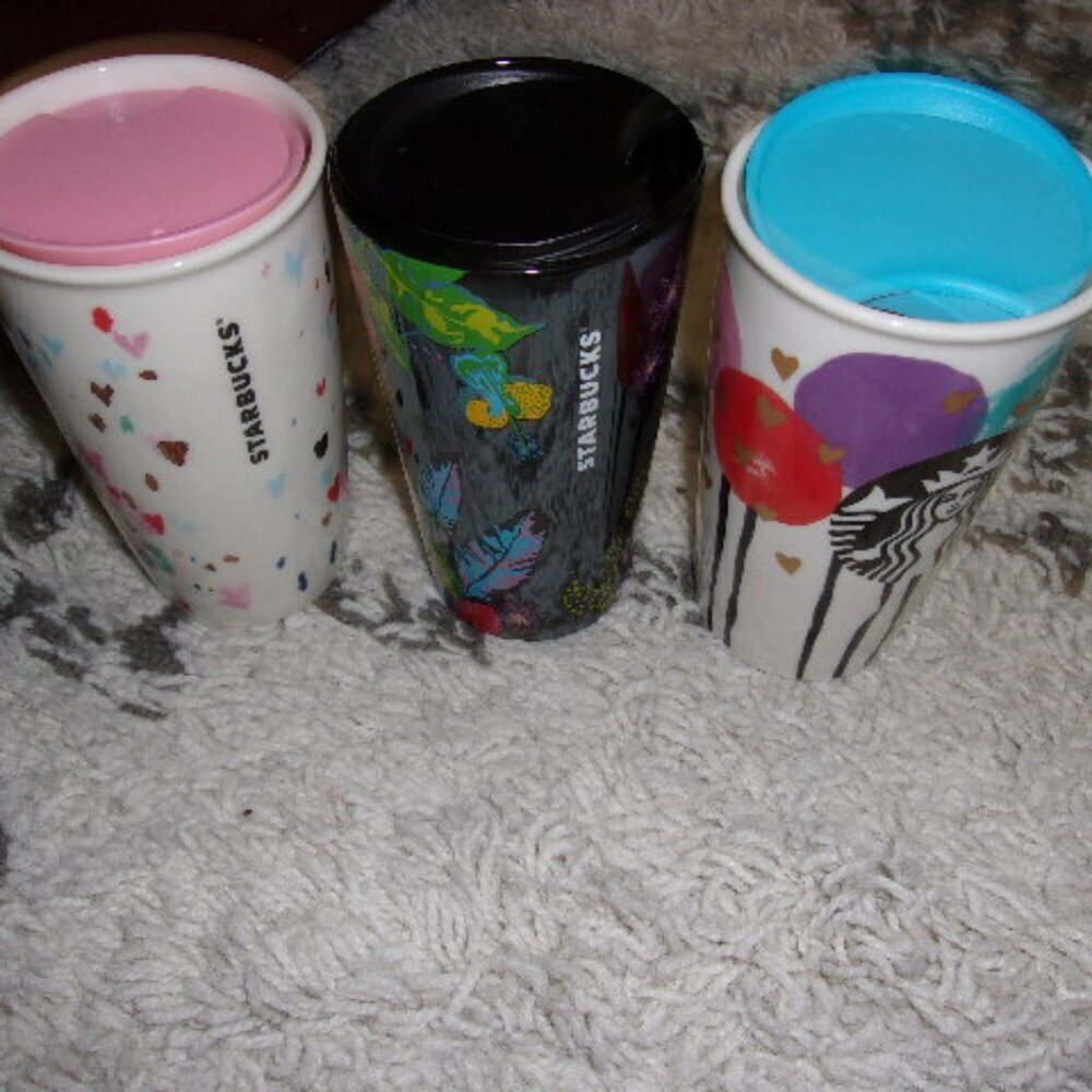 Bundle of 3 starbucks balloons hearts Flower valentine 12 oz. ceramic tumblers